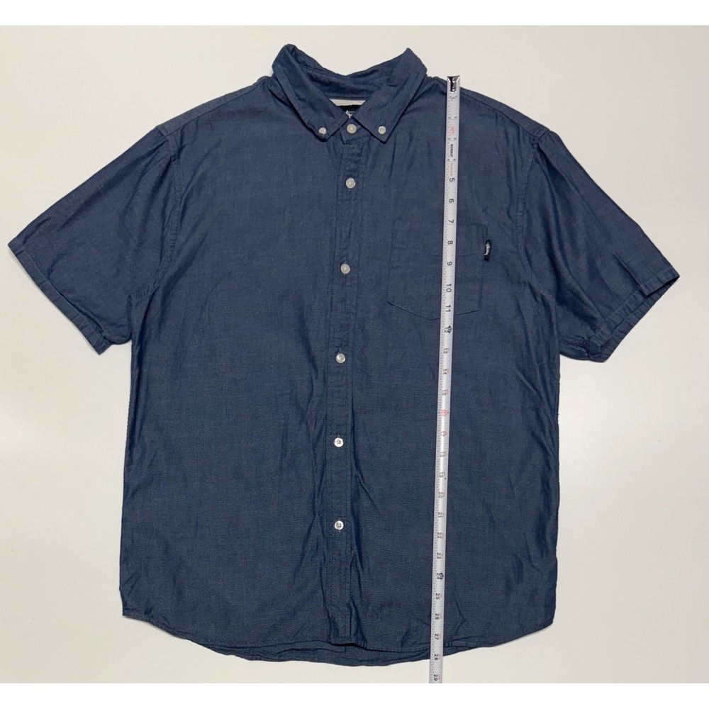 Stussy Mens Blue Chambray Short Sleeve Button Down Shirt Large RN 94974 CA 28629